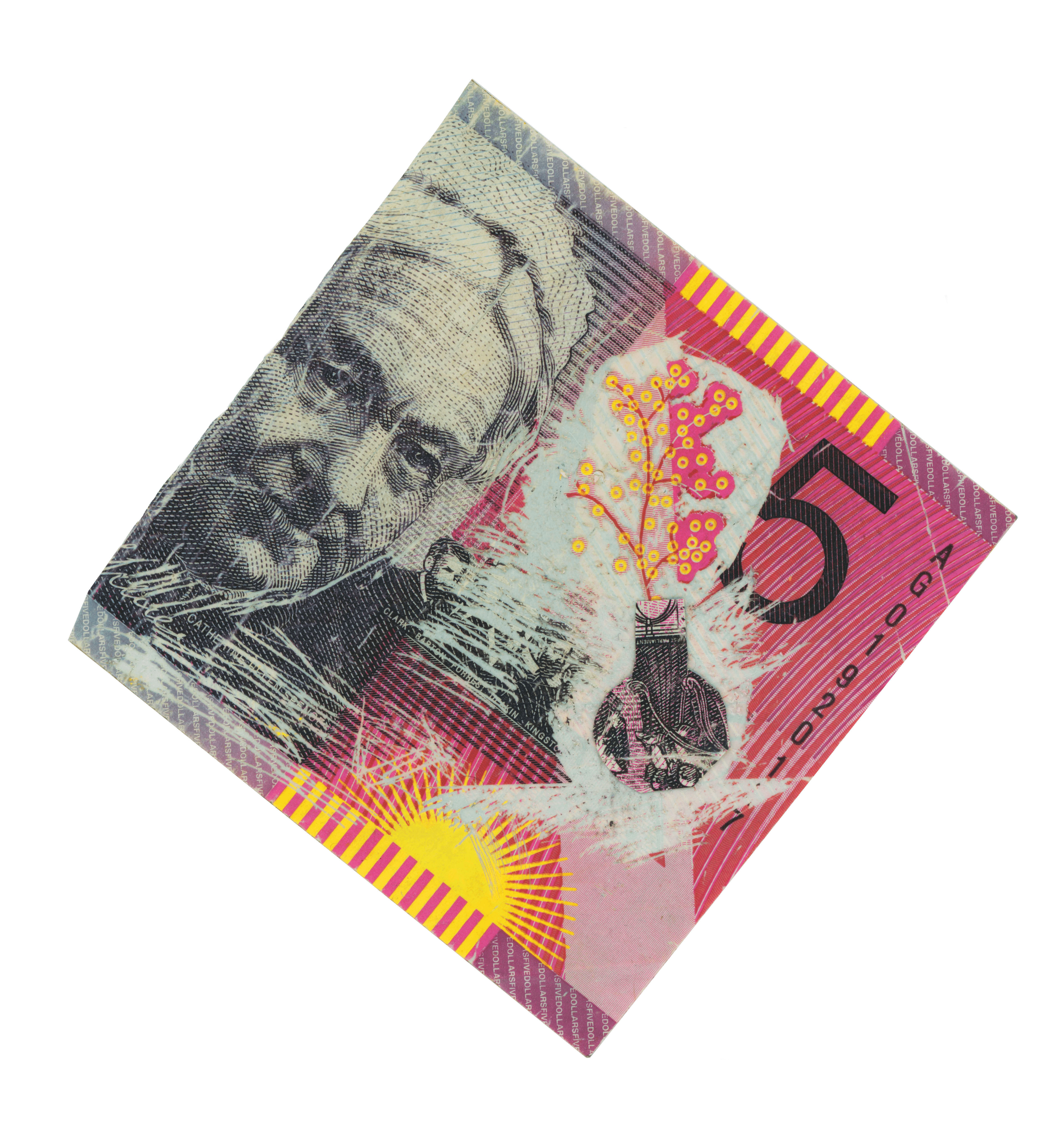 Pink 5 dollar bank note, with a print of cherry blossoms. A vase has been scatched in the note under the flowers