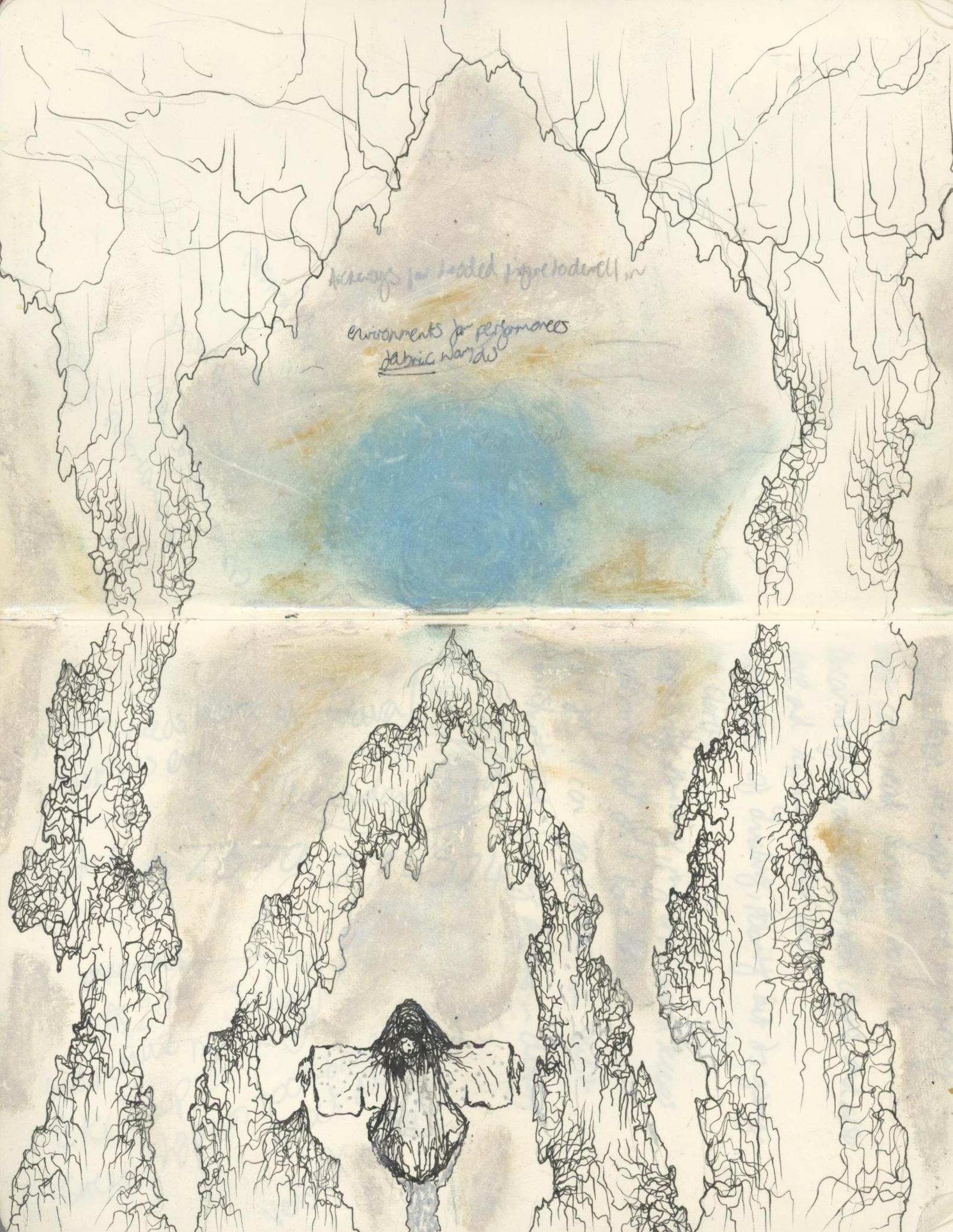 drawing of alliyah in rocky ruins on paper