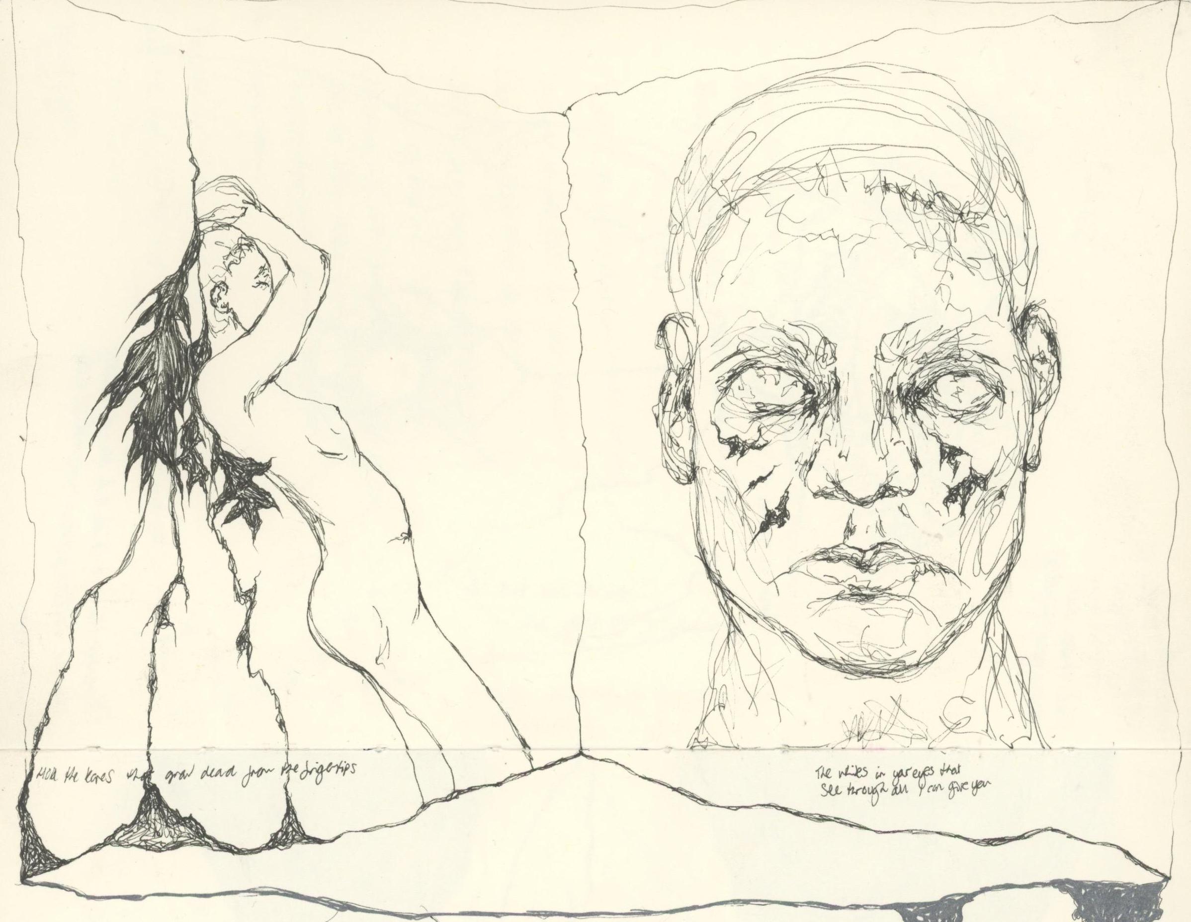 drawing of alliyah arching body into leaves and the head of a man with white eyes