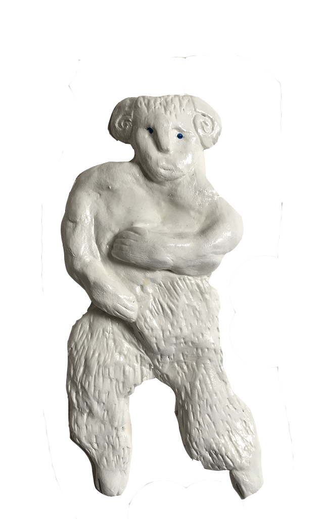A half man half goat made out of air-dry clay.