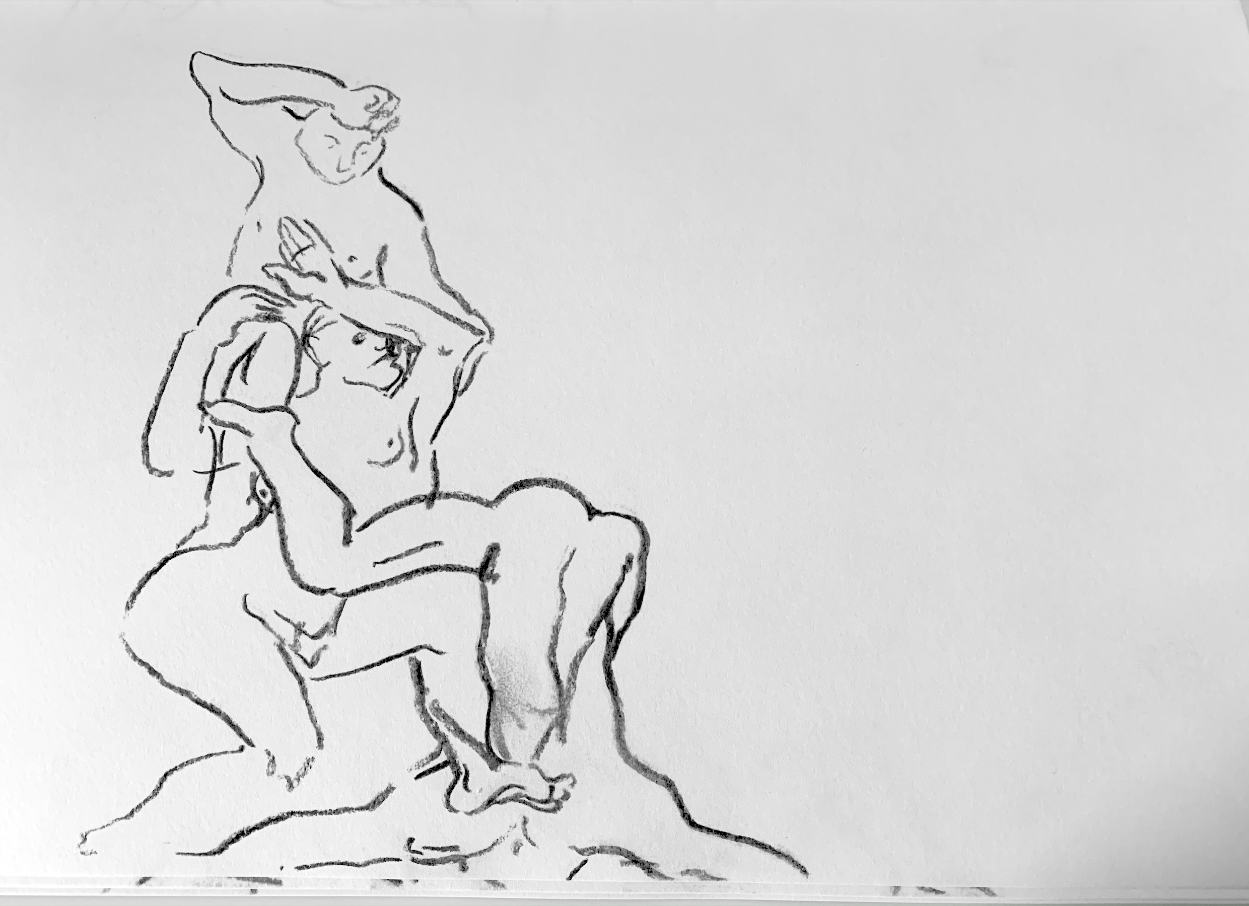 charcoal sketch of three intwined characters