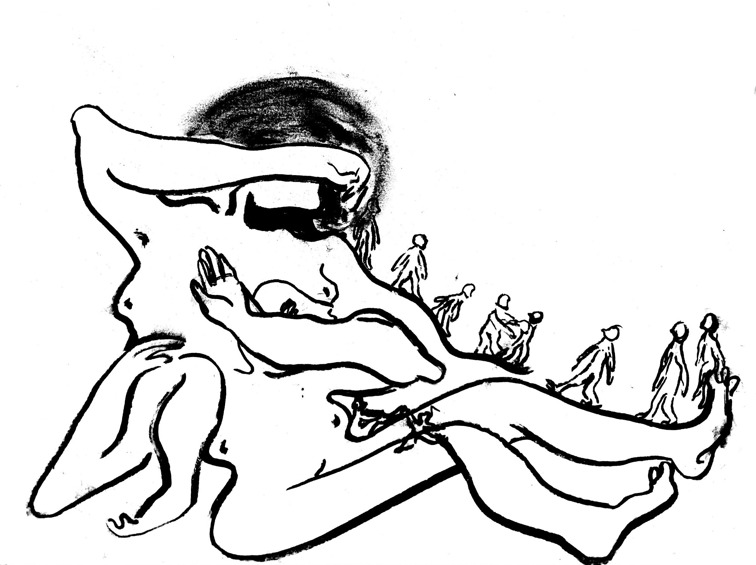 Two figures drawn in charcoal, with tiny figures crawling over them