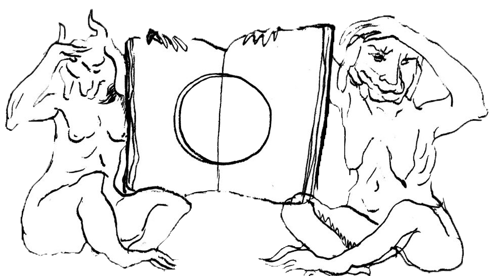 Ink drawing of Reneissance goat like women holding a large book with a hole in it
